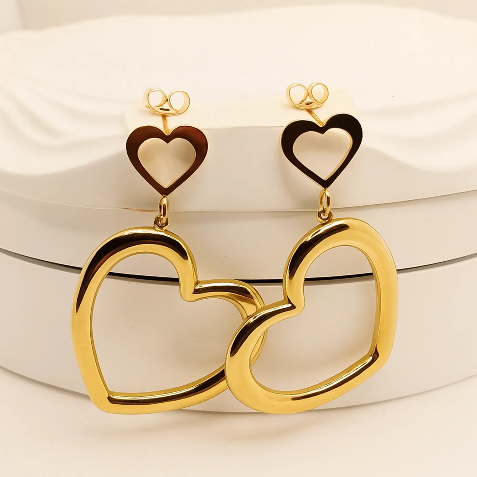 Double Heart Drop Earrings - Hover