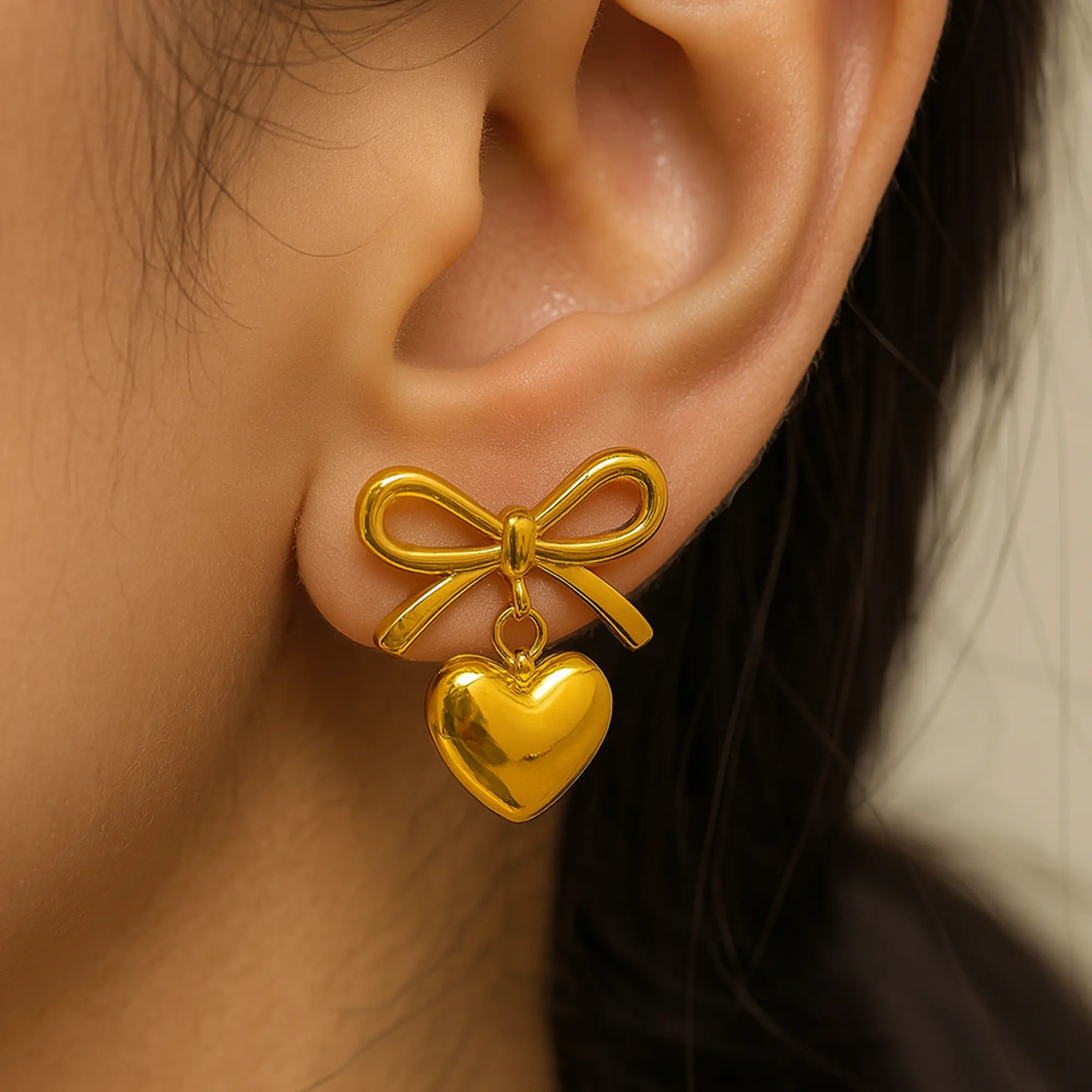 Bow & Heart Drop Earrings - Hover