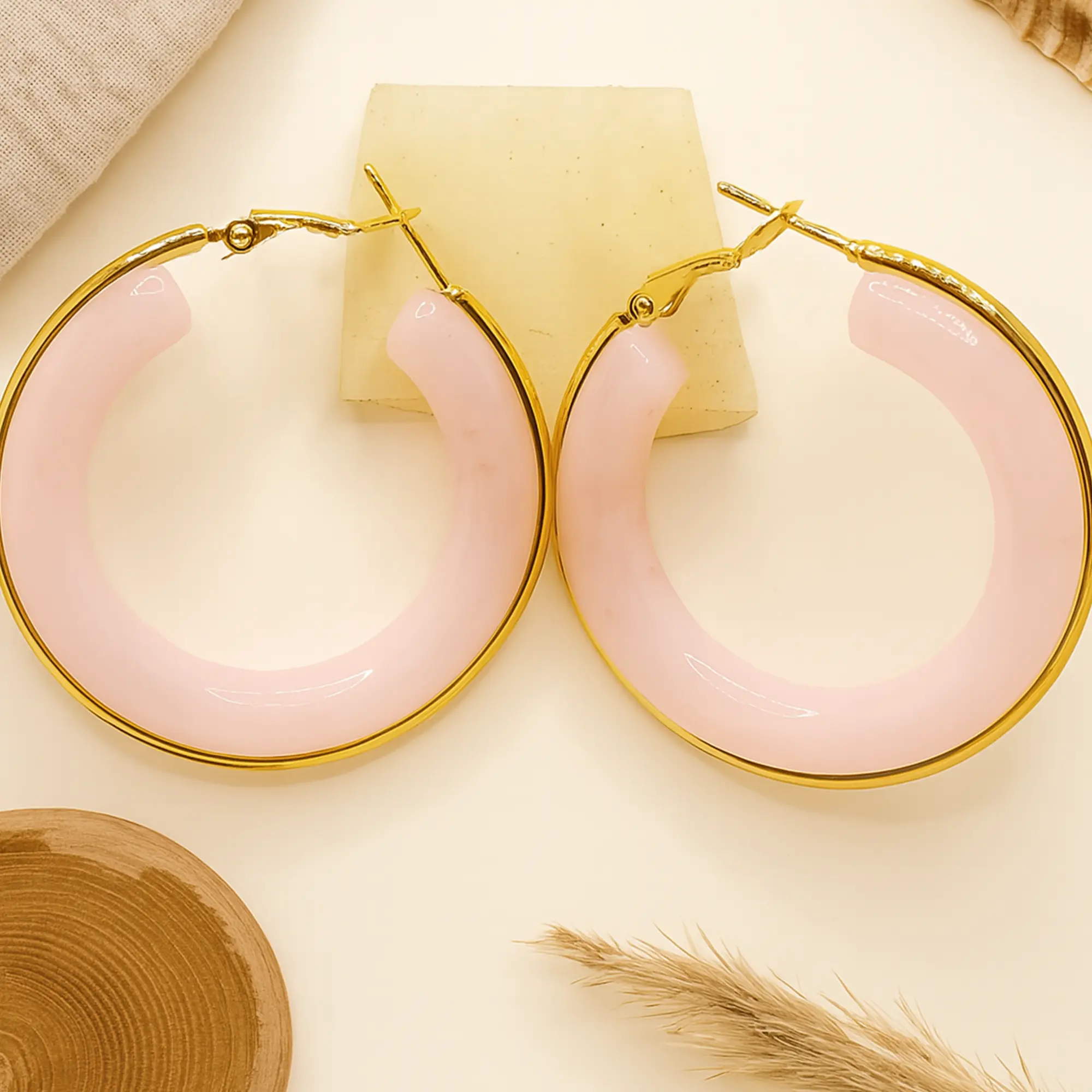 Pink Resin Gold Hoops - Hover