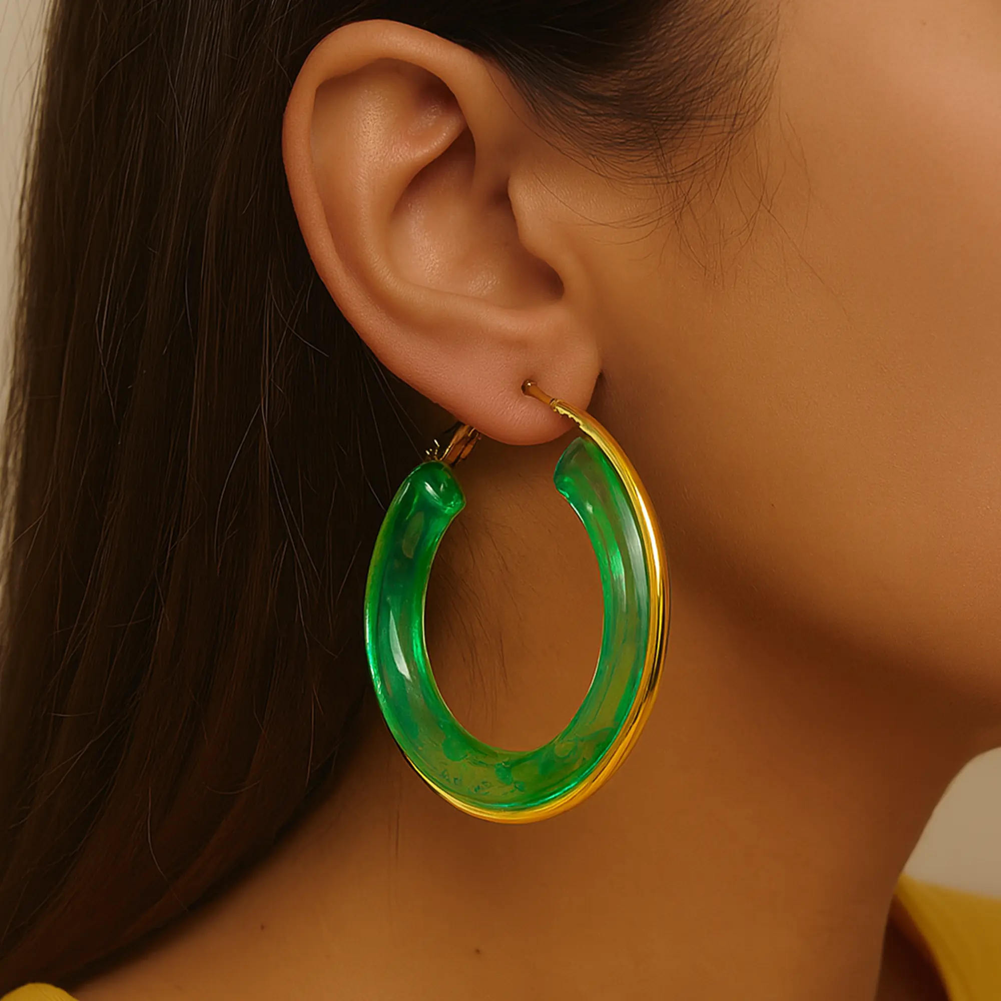 Green Resin Gold Hoops - Hover