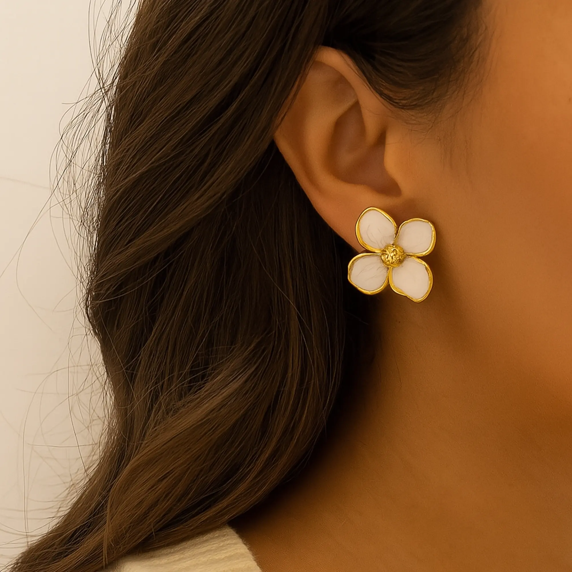 Golden & White Flower Studs - Hover